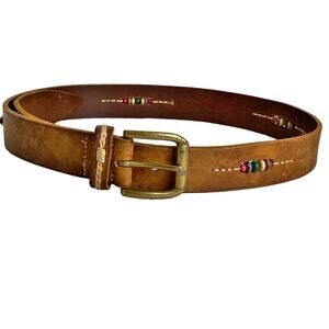 Gap leather belt embroidered beaded boho solid brass buckle sz Medium rainbow